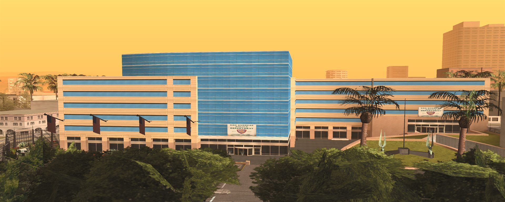 San Andreas Police Department headquarters at dusk
